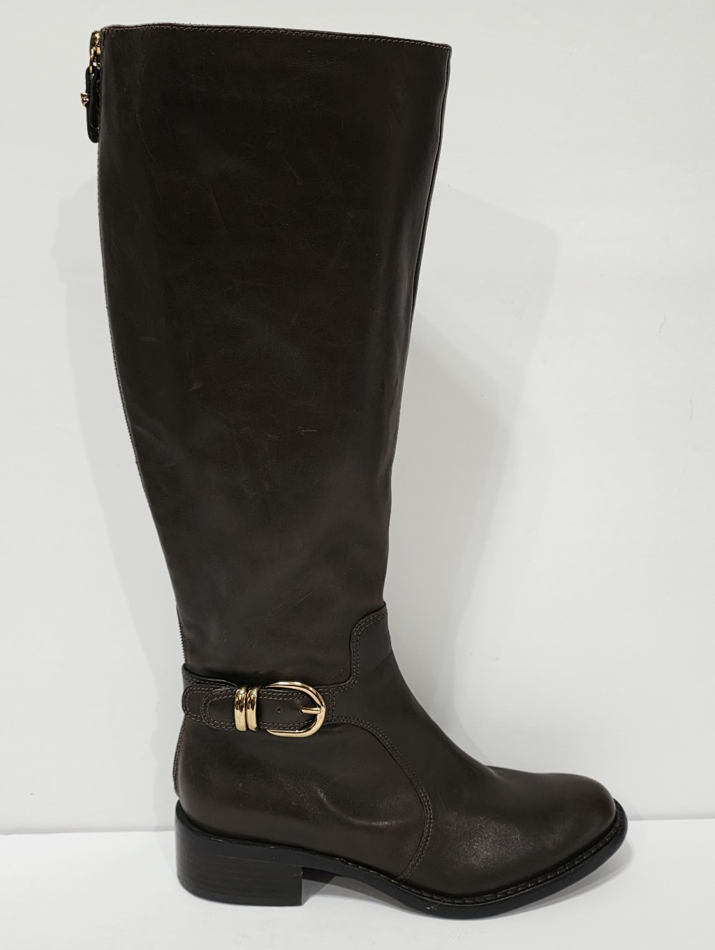 Via Spiga Brown Leather Boot Gold Buckle Knee High Zipper Riding Block 5 M New